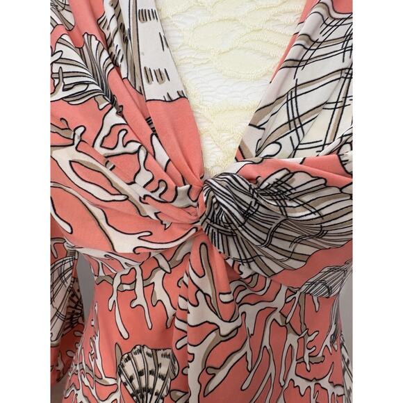 Boston Proper Coral Beach Seashell Print 3/4 Sleeves V-Neck Ruched Top Size 5 - Picture 14 of 14